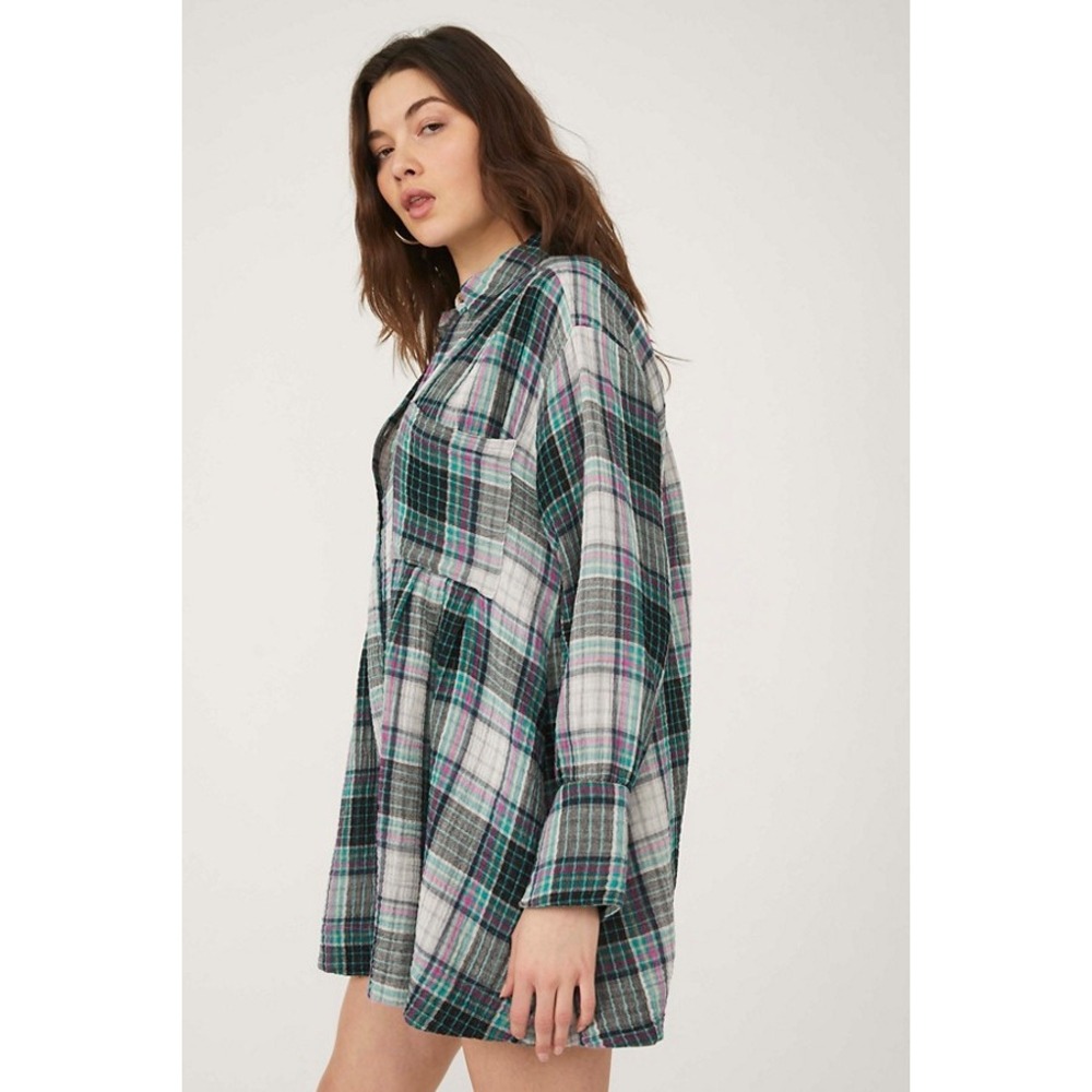 Free People Voyage Shirt Dress Small Plaid Oversized Cotton Gauze Tunic Top - Picture 12 of 13